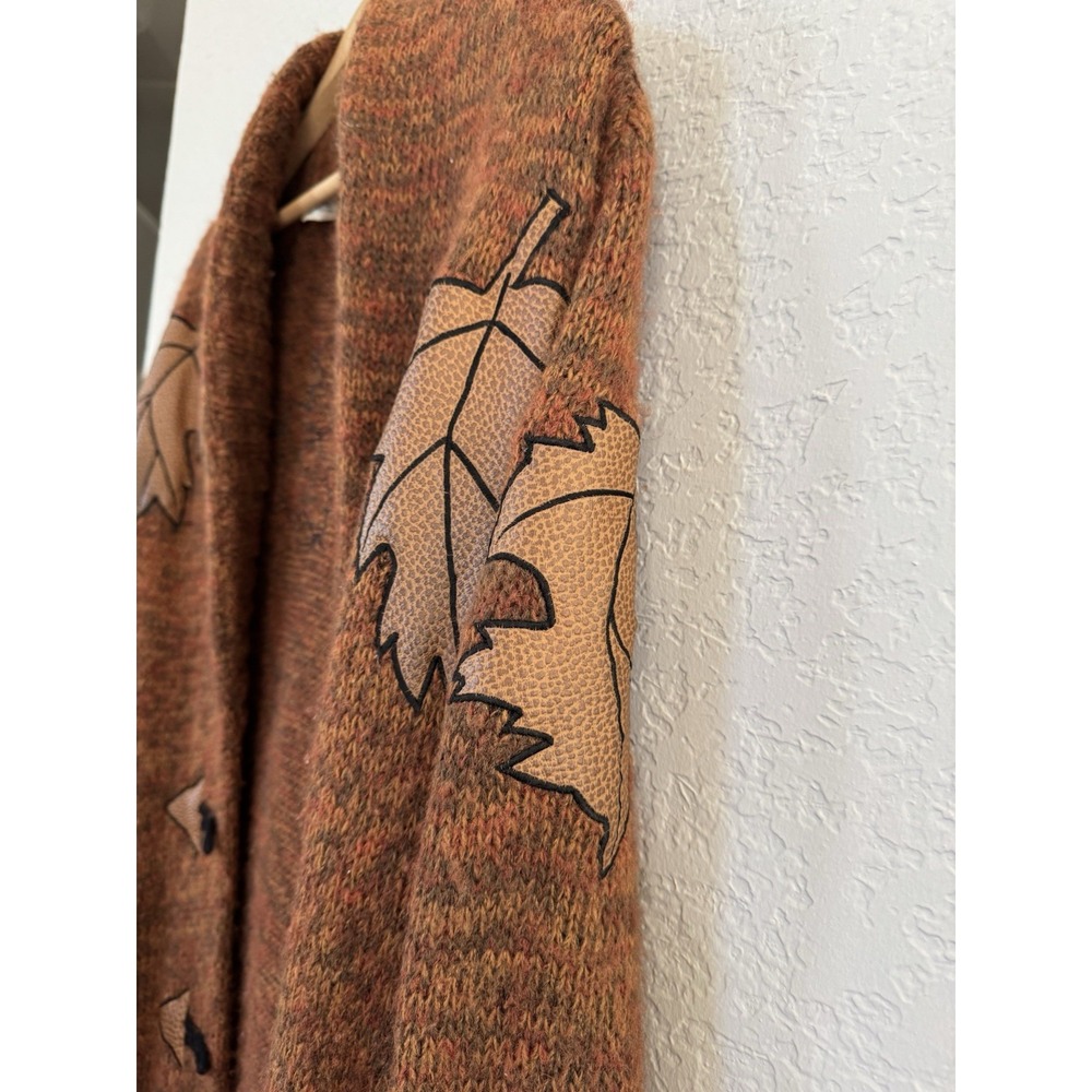 Vintage 1980s Tony Lambert Cardigan Sweater Shawl Collar Leather Fall Leaves S - Picture 3 of 9